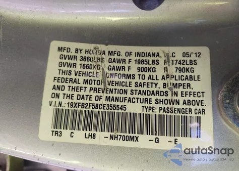 2012 Honda Civic Lx from USA, damaged, VIN 19XFB2F58CE355545